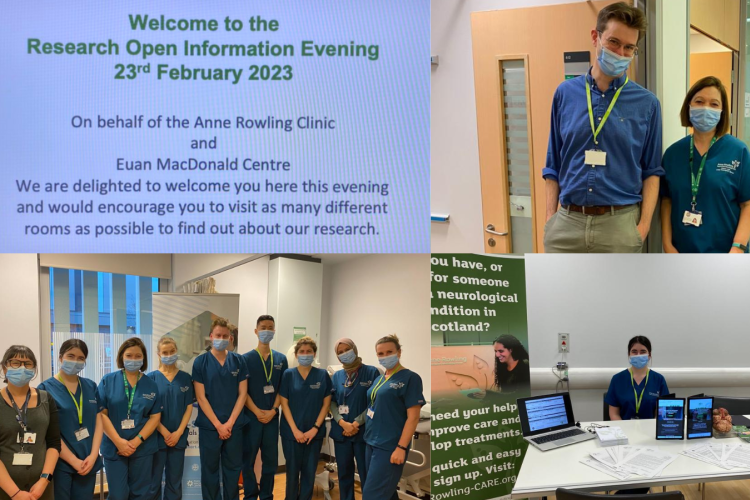 A collage of four pictures. Top left shows a screen welcoming people to the event. Top right is a picture of Prof David Hunt and Dawn Lyle both wearing face masks. Bottom left is a group picture of Clinic staff in scrubs. Bottom right is Jess Gill in scrubs behind a desk, she is presenting information about Rowling Care with a information banner, a laptop and some iPads.