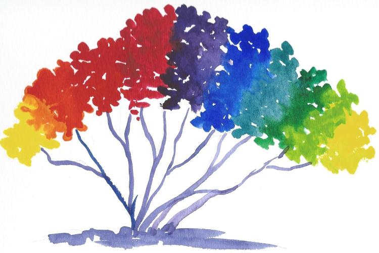 Watercolour tree with rainbow coloured foliage