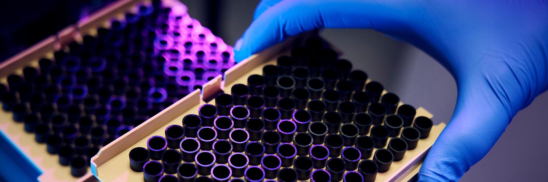 a close up of a hand wearing a blue glove handling a multiwell plate of samples