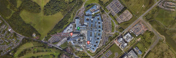 A google maps bird's eye view of the Anne Rowling Clinic and neighbouring buildings & roads