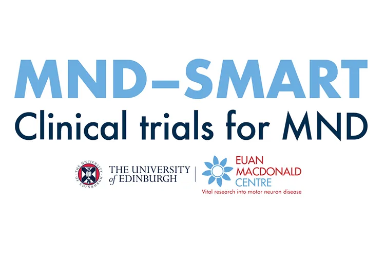 The MND-SMART Clinical trials for MND logo including the logo for the University of Edinburgh and The Euan MacDonald Centre for Motor Neuron Disease Research logos
