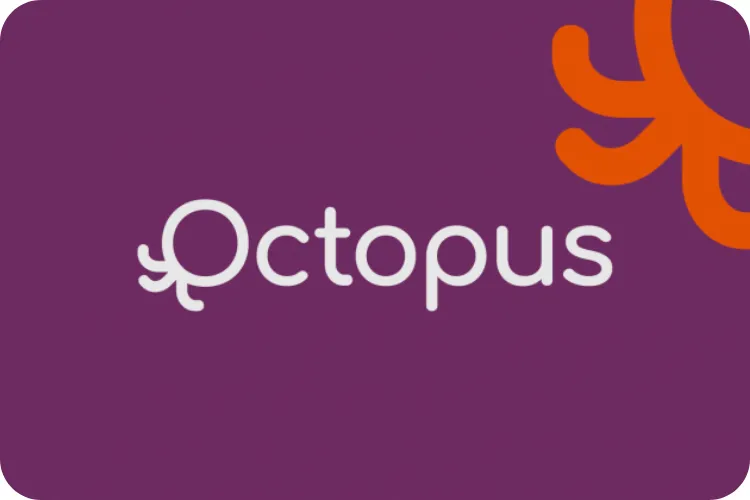The OCTOPUS logo. Purple background with part of an orange octopus cartoon in the top right corner. The word Octopus in the centre of the graphic tile is white and the O in Octopus has three legs to symbolise an octopus