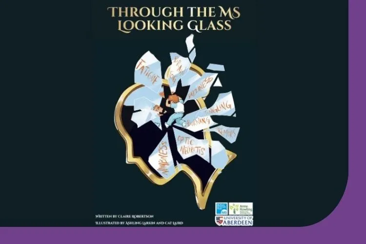 A picture of the front cover of the Through the MS Looking Glass comic. The image is of a drawing of a person's head with glass fragments with words describing the invisible symptoms of MS like fatigue, numbness, pain, dizziness and burning